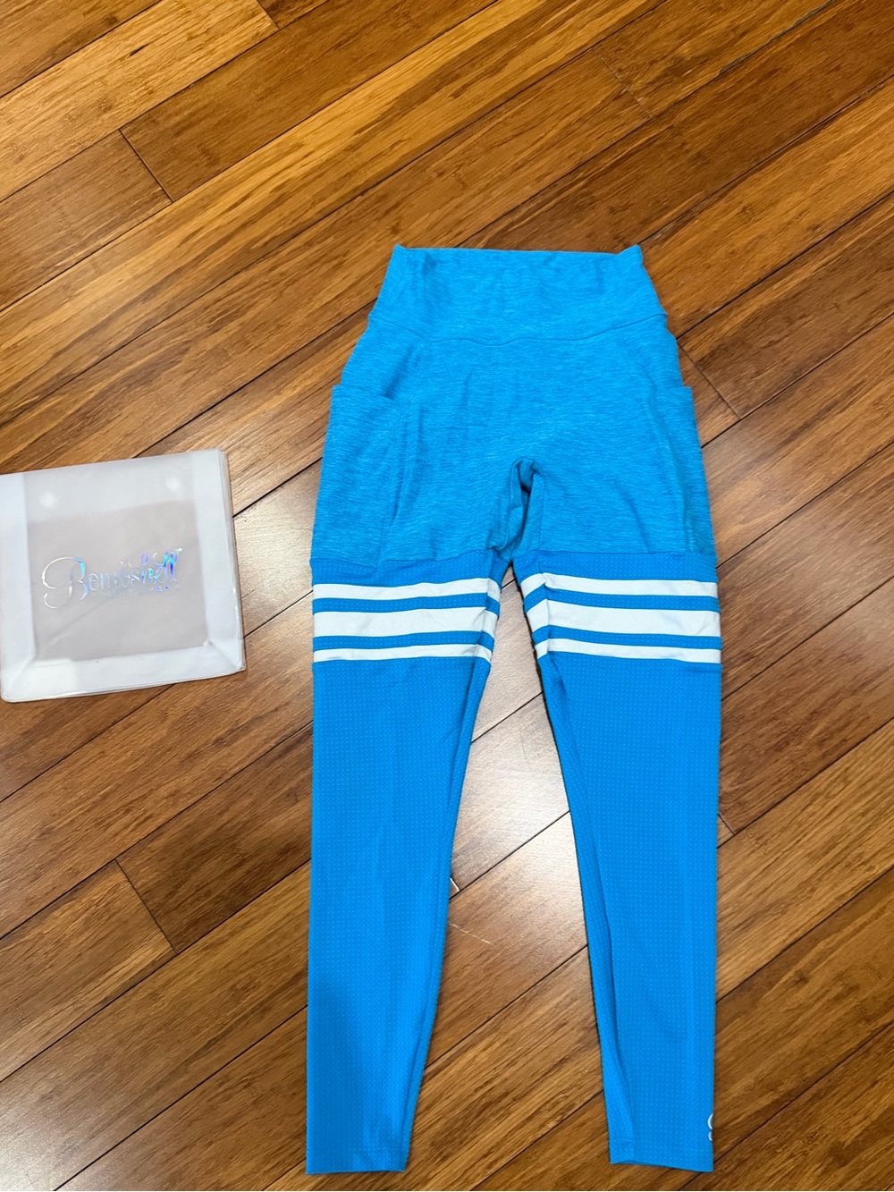 Bombshell Sportswear Thigh-Highs Teal Blue Leggings with White Stripes XS